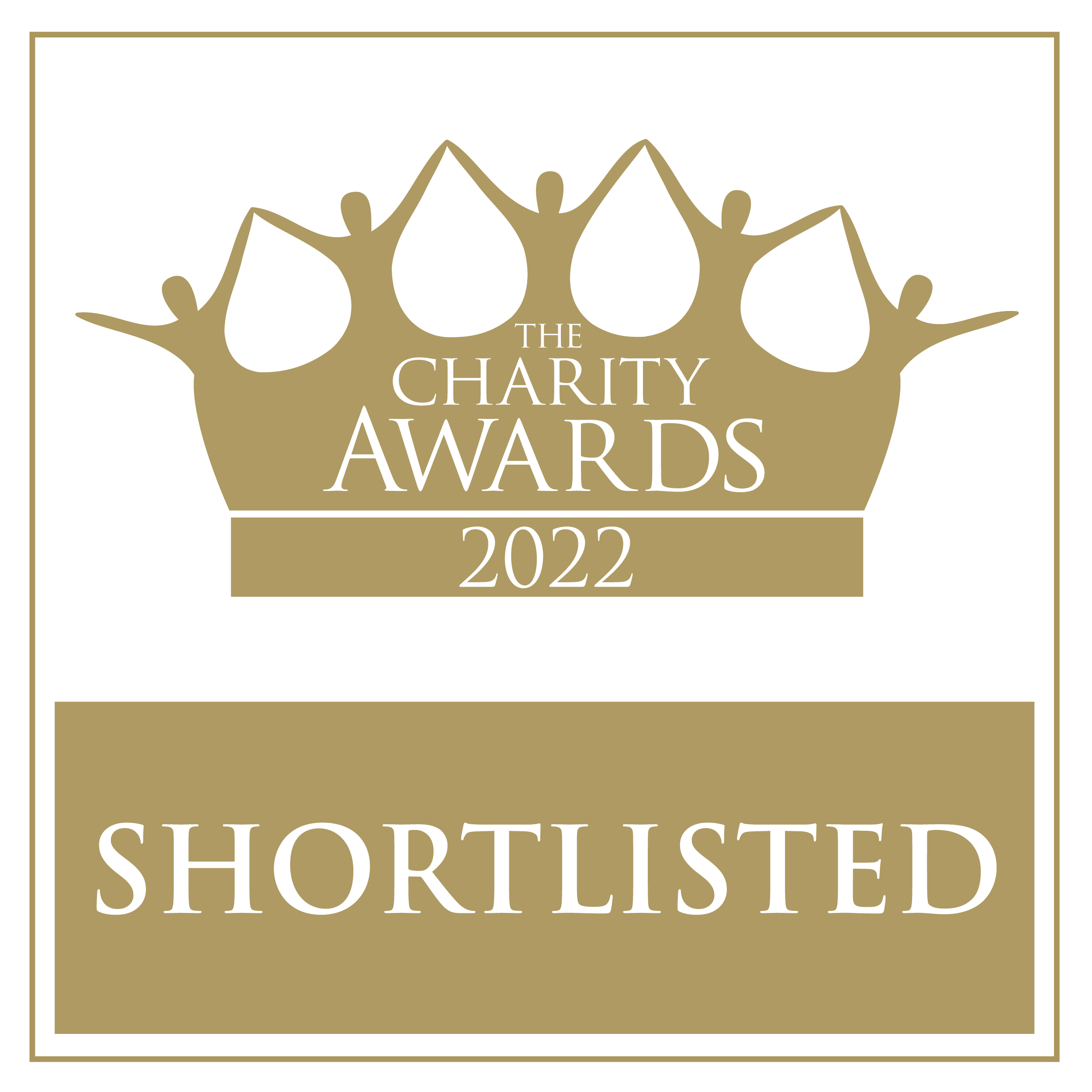 Logo for Charity Awards 2022 with golden crown and text along the bottom reading 'Shortlisted'